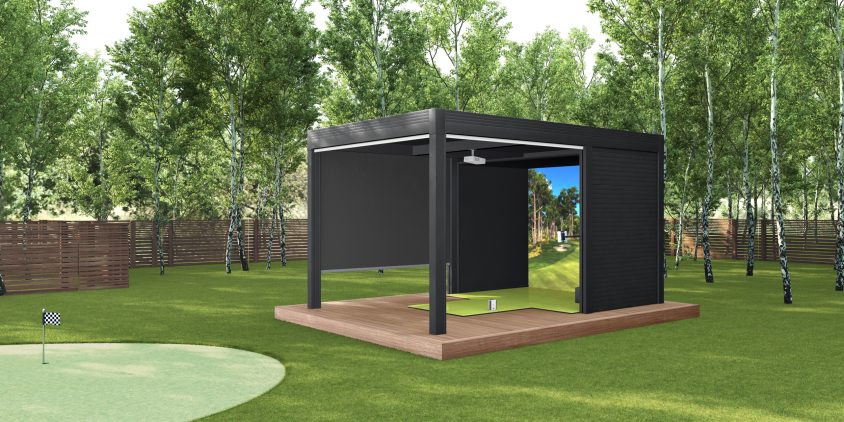 Cabana Golf Outdoor Golf Simulator Lifestyle Angle